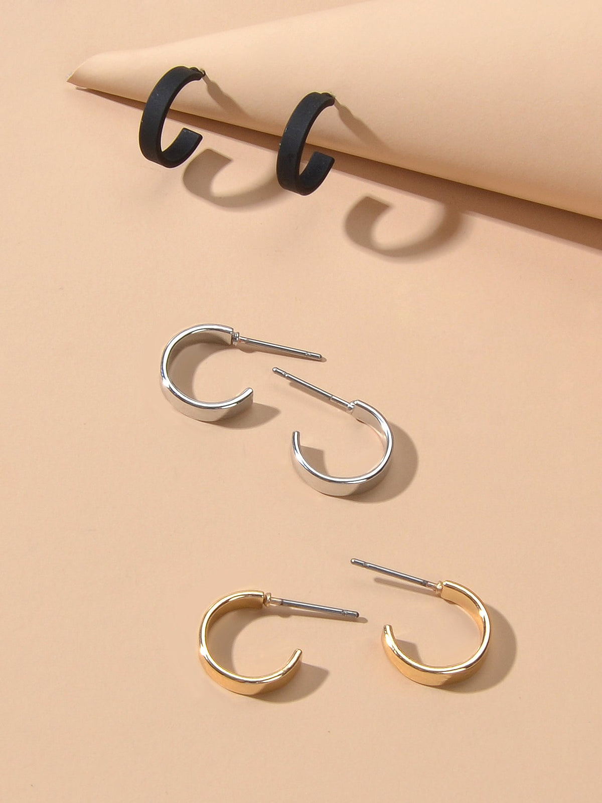 3 pairs Gold Silver Black Cute Hoop Stud Earrings Set Punk C-Shape Jewellery-3
