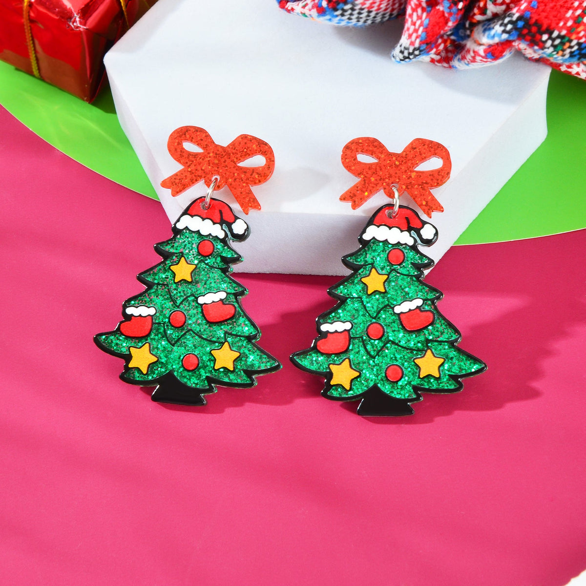 Shining Sequin Decor Acrylic Bow Christmas Tree Dangle Earrings Festival Jewelry-0