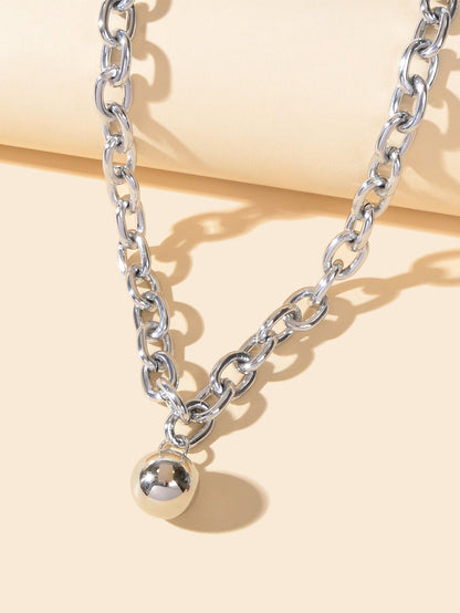 Silver Colour Chunky Chain Round Charm Necklace Grunge Women Clavicle Jewellery-2