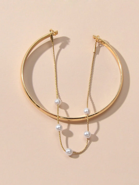 Fashion New Faux Pearl Decor Chain Gold Bracelet Cuff Bangle for Women Jewellery-0