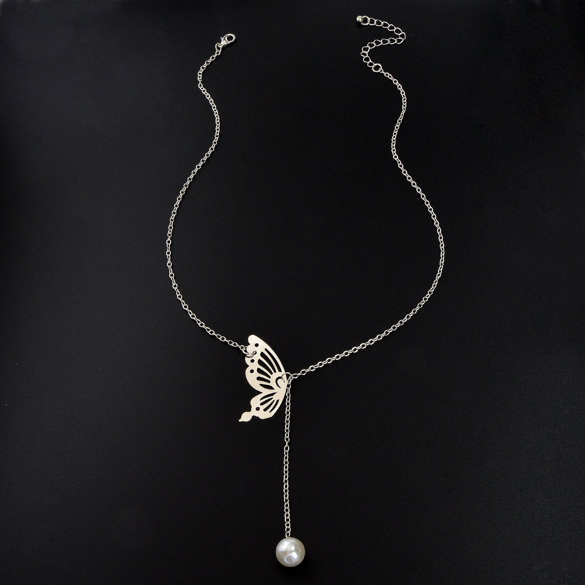 Y Style Silvery Chain Hollow Butterfly Imitation Pearl Pendant Necklace Graceful Daily Party Jewelry-2