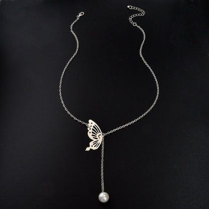 Y Style Silvery Chain Hollow Butterfly Imitation Pearl Pendant Necklace Graceful Daily Party Jewelry-2