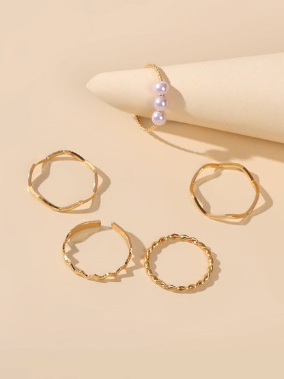5 pcs Fashion Jewellery Pearl Decor Minimalist Finger Midi Finger Knuckle Rings-3