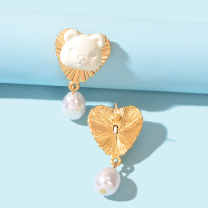 Lovely Cartoon White Bear Pierced Pearl Charm Gold Heart Hypoallergenic Earrings-2