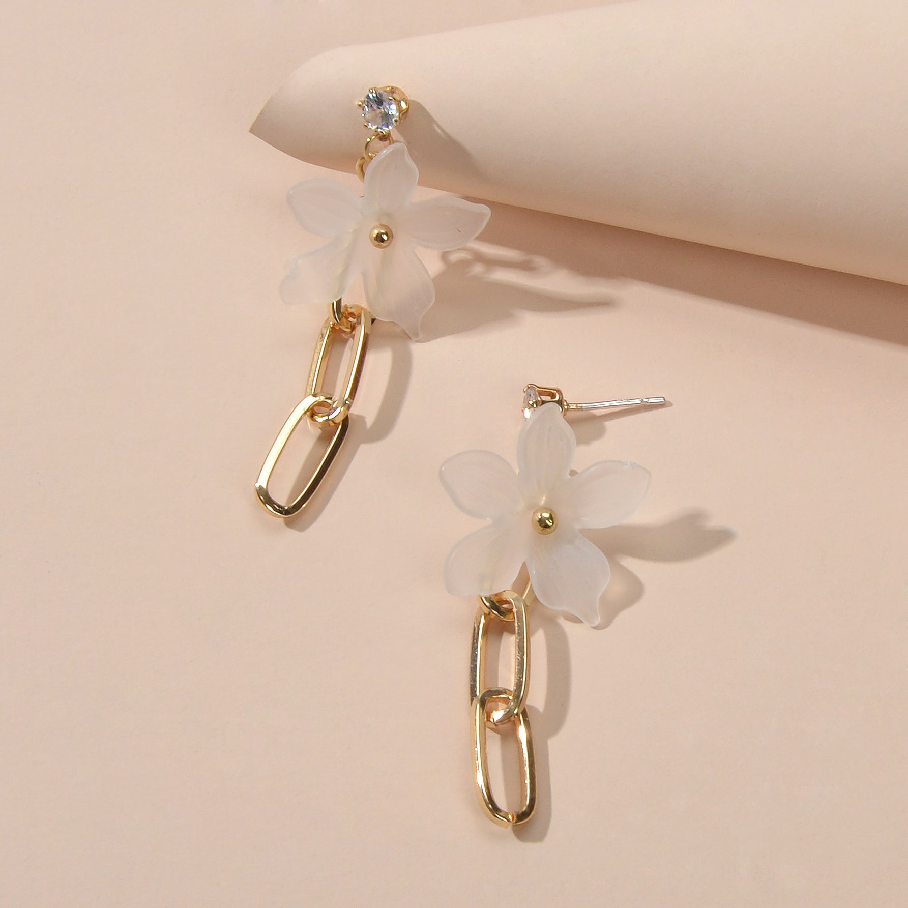 Designer Jewellery Gold Paperclip Chain Transparent Resin Flower Dangle Earrings-2