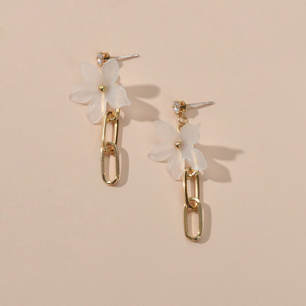 Designer Jewellery Gold Paperclip Chain Transparent Resin Flower Dangle Earrings-3