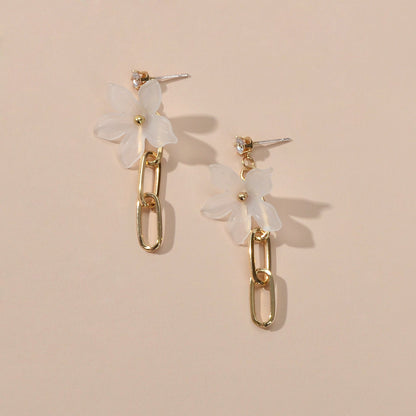Designer Jewellery Gold Paperclip Chain Transparent Resin Flower Dangle Earrings-3