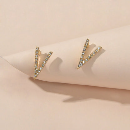 Gold Plated Rhinestone Decor V shape Stud Pierced Personality Geometric Earrings-2