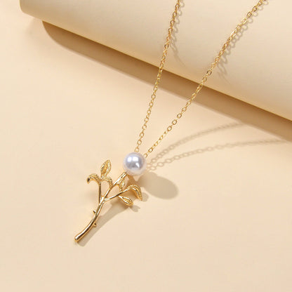 Party Prom Jewelry Golden Chain Imitation Pearl Decor Leaf Branch Pendant Necklace-1