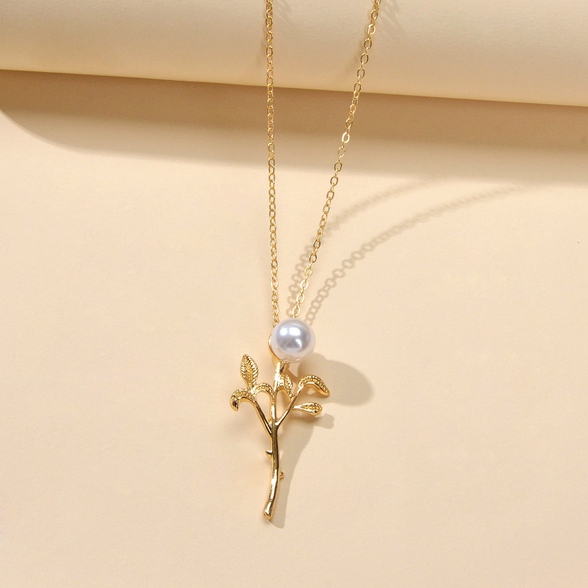 Party Prom Jewelry Golden Chain Imitation Pearl Decor Leaf Branch Pendant Necklace-2