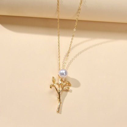 Party Prom Jewelry Golden Chain Imitation Pearl Decor Leaf Branch Pendant Necklace-2