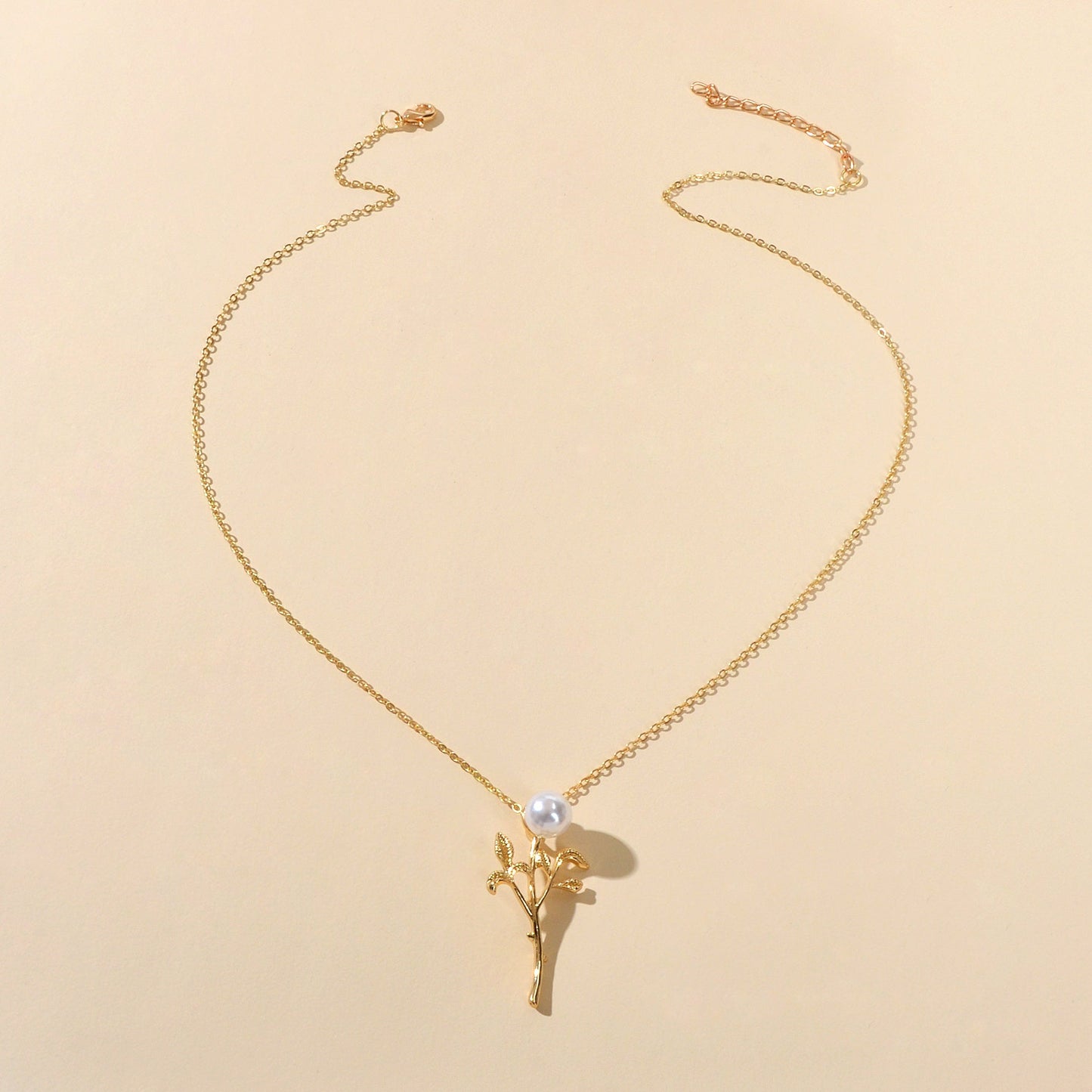 Party Prom Jewelry Golden Chain Imitation Pearl Decor Leaf Branch Pendant Necklace-3