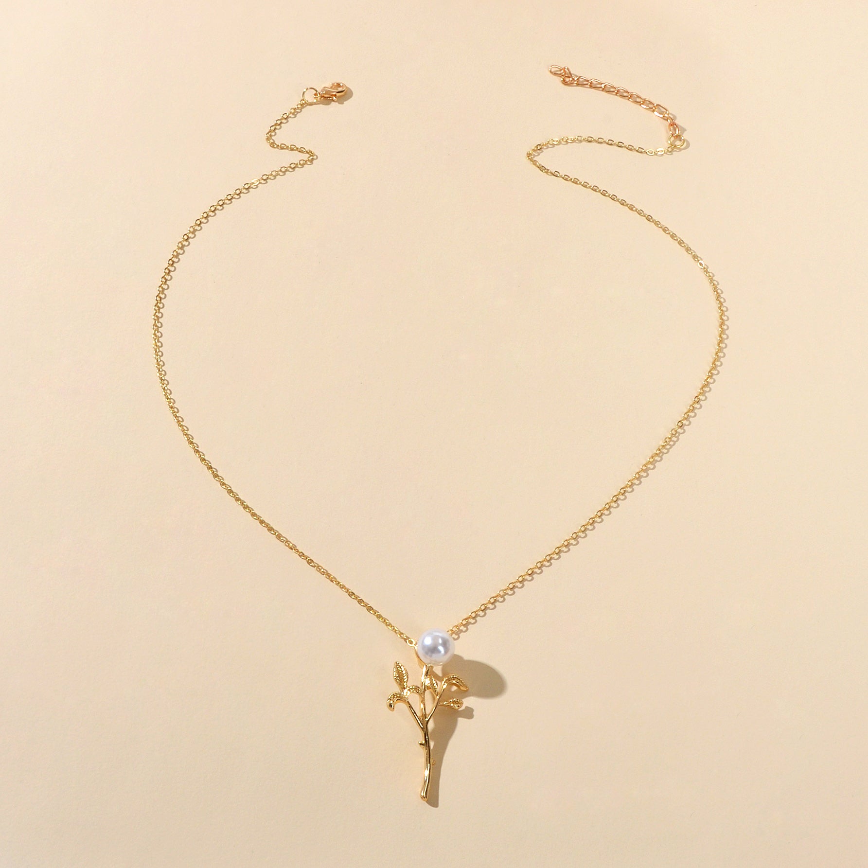 Party Prom Jewelry Golden Chain Imitation Pearl Decor Leaf Branch Pendant Necklace-3