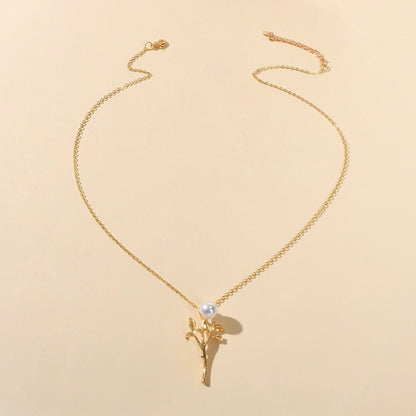 Party Prom Jewelry Golden Chain Imitation Pearl Decor Leaf Branch Pendant Necklace-3