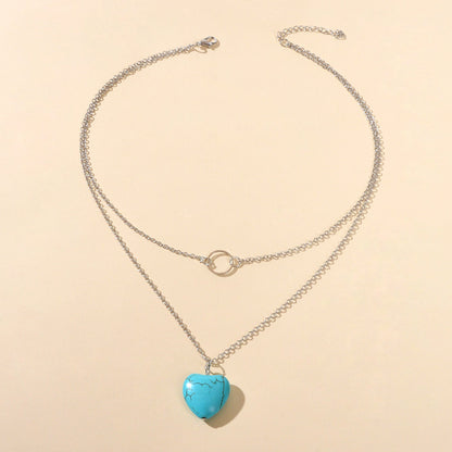 Boho Chic Jewelry Multi-layer Gold Silver Chain Circle Heart Turquoise Necklace-1