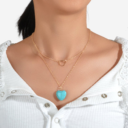 Boho Chic Jewelry Multi-layer Gold Silver Chain Circle Heart Turquoise Necklace-0