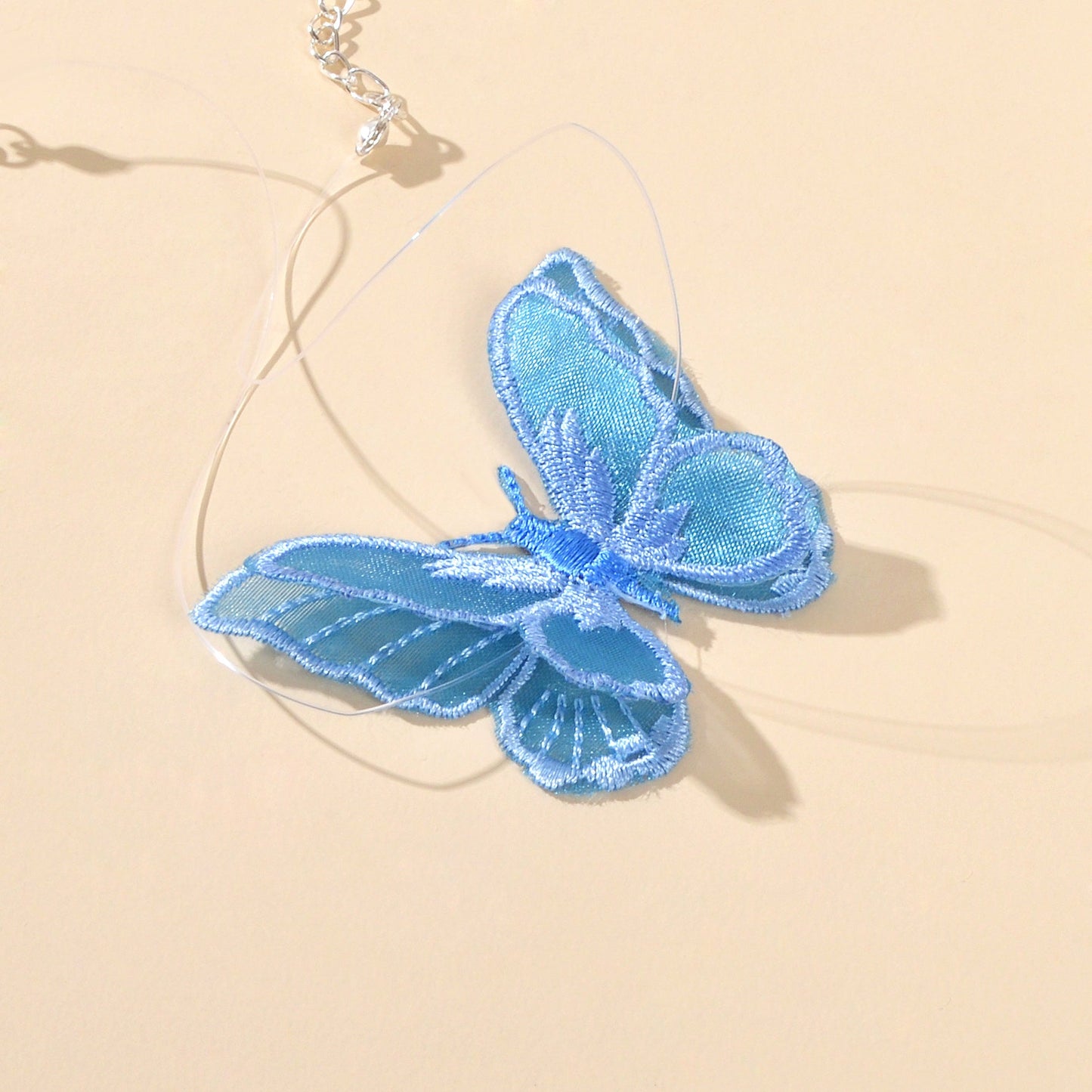 Cosplay 90s Transparent Rope Blue Embroidery Butterfly Short Choker Necklace-3