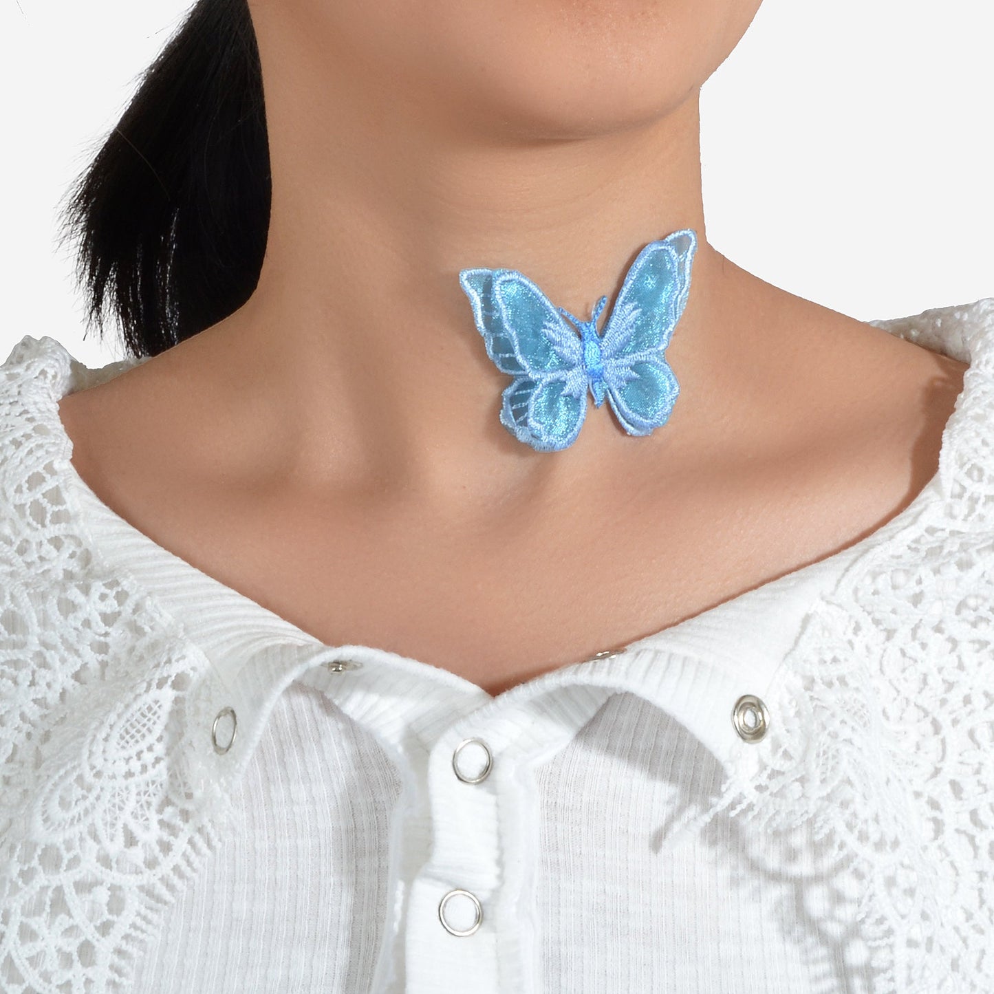 Cosplay 90s Transparent Rope Blue Embroidery Butterfly Short Choker Necklace-0