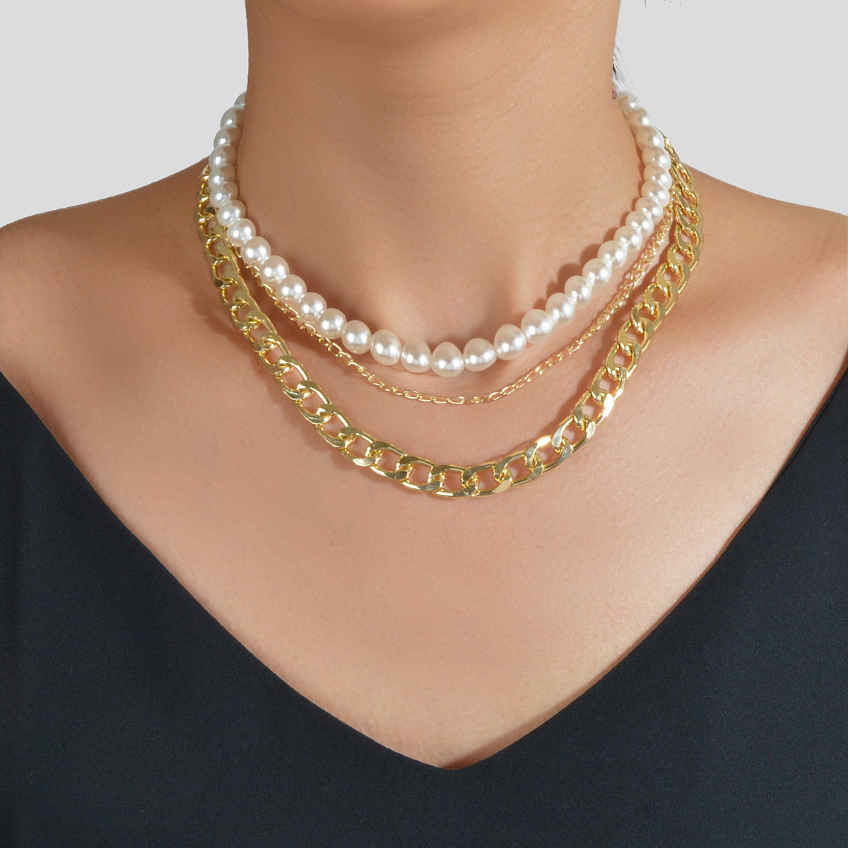 Punk Retro Multi-layer Crude Gold Chain Pearl Short Collar Necklace Women Choker-0