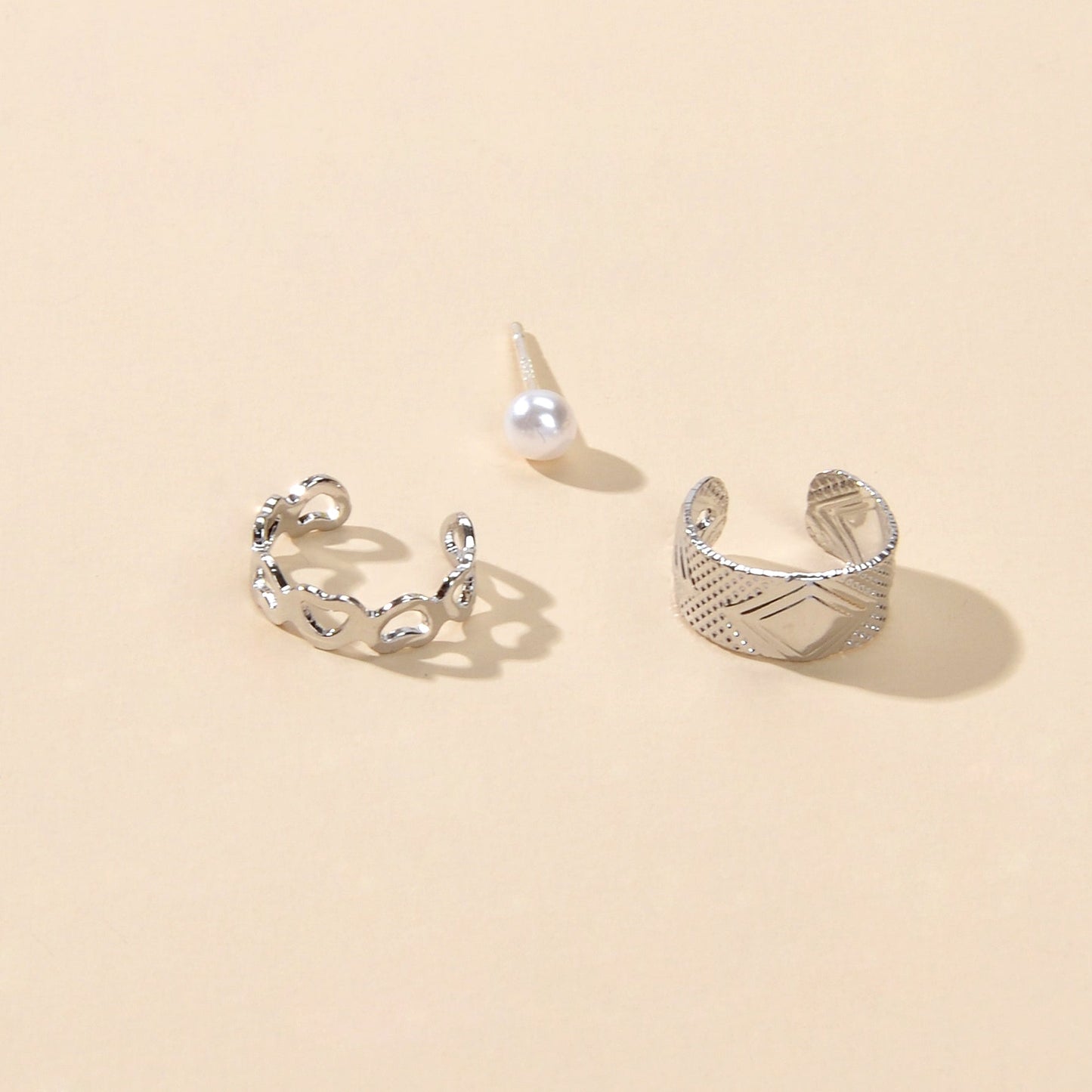 3 pcs Imitation Pearl Stud Gold Silver Hollow out Heart Ear Cuff Cartilage Earrings set-4
