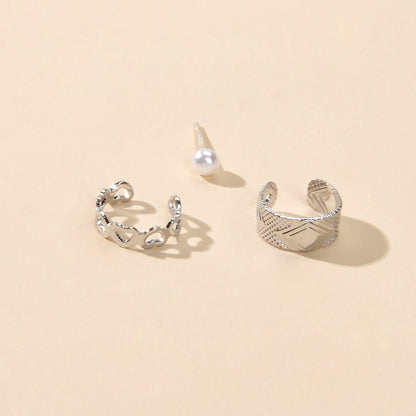 3 pcs Imitation Pearl Stud Gold Silver Hollow out Heart Ear Cuff Cartilage Earrings set-4