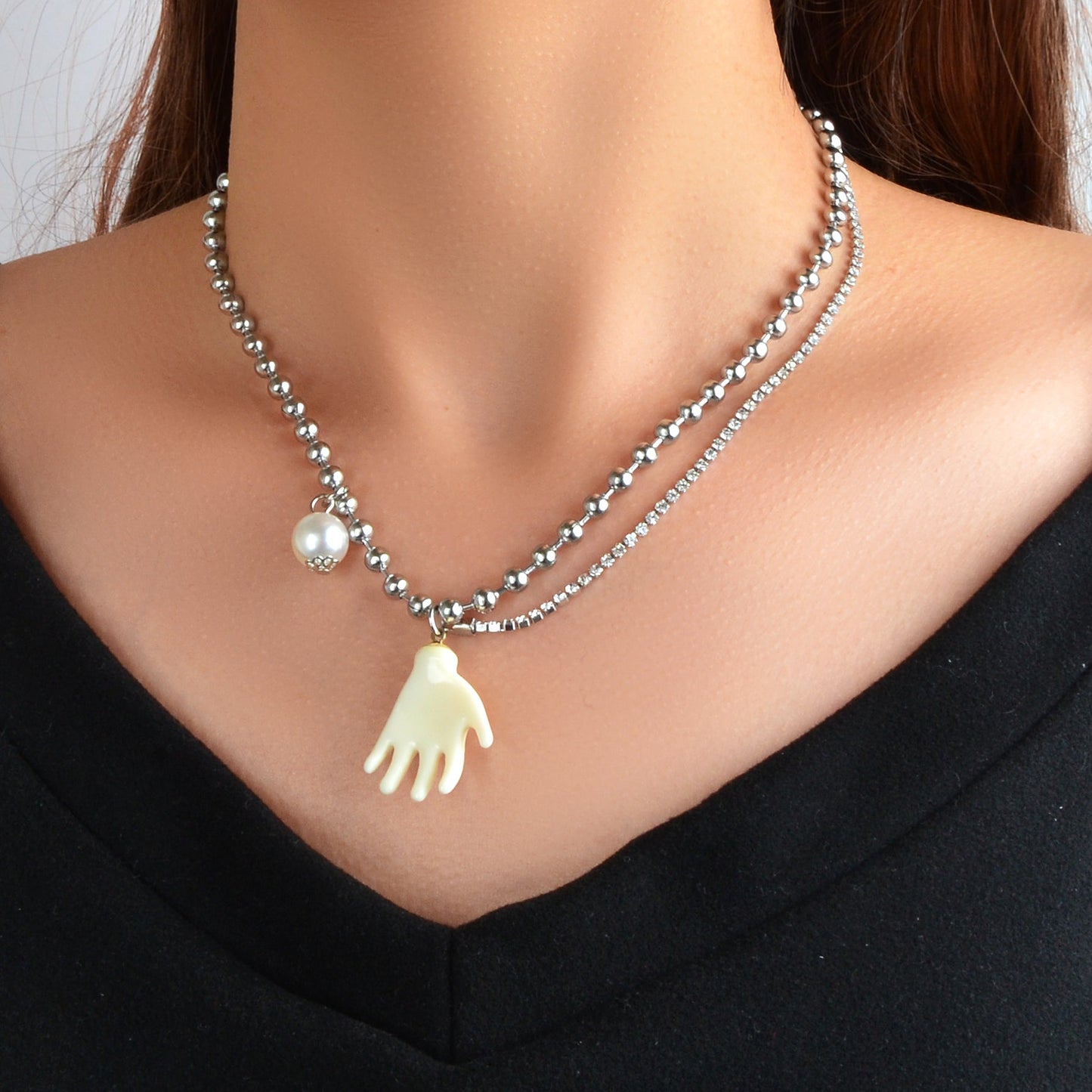 Punk Hip Hop Popcorn Rhinestone Double layer Chain Pearl Hand Pendant Necklace-0