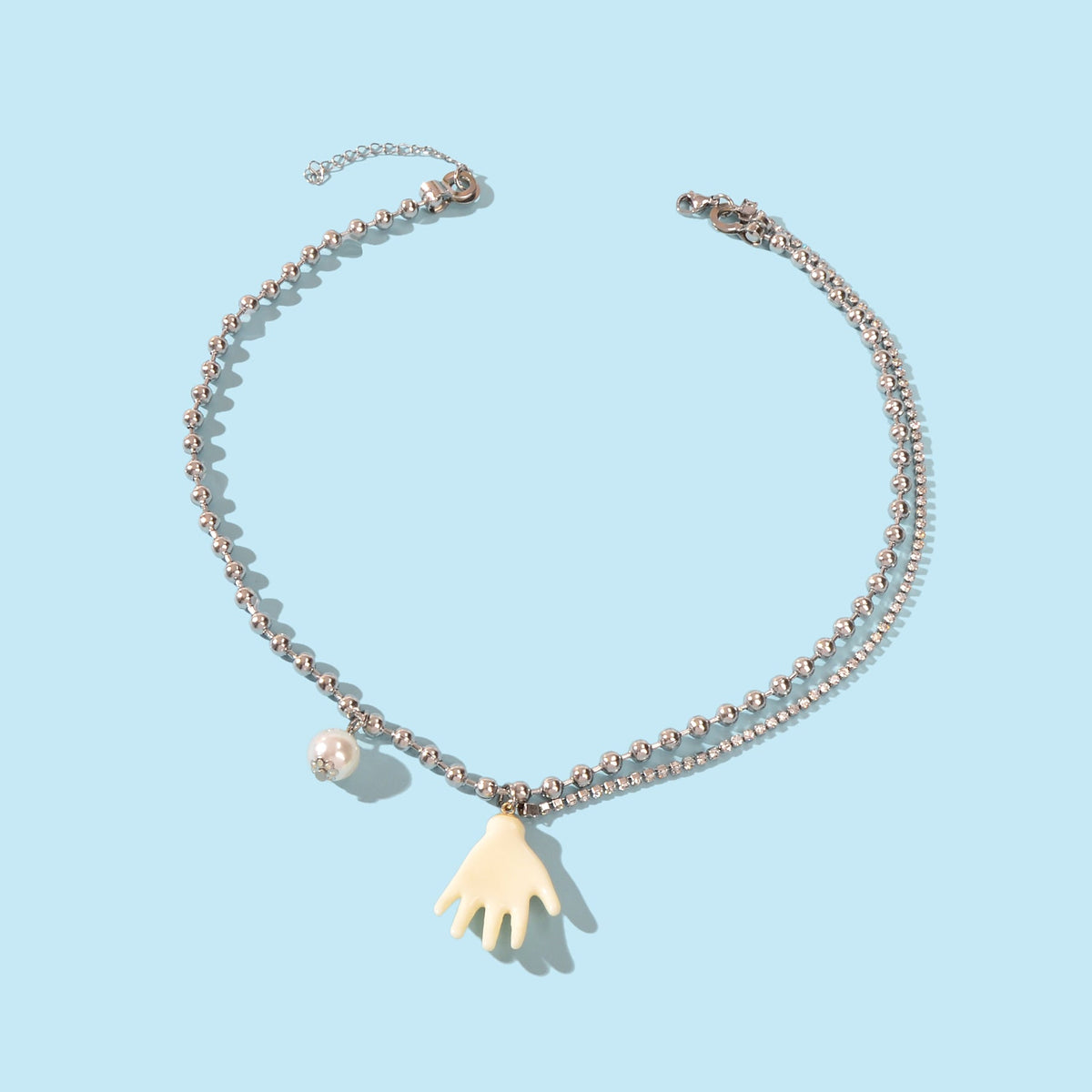 Punk Hip Hop Popcorn Rhinestone Double layer Chain Pearl Hand Pendant Necklace-1