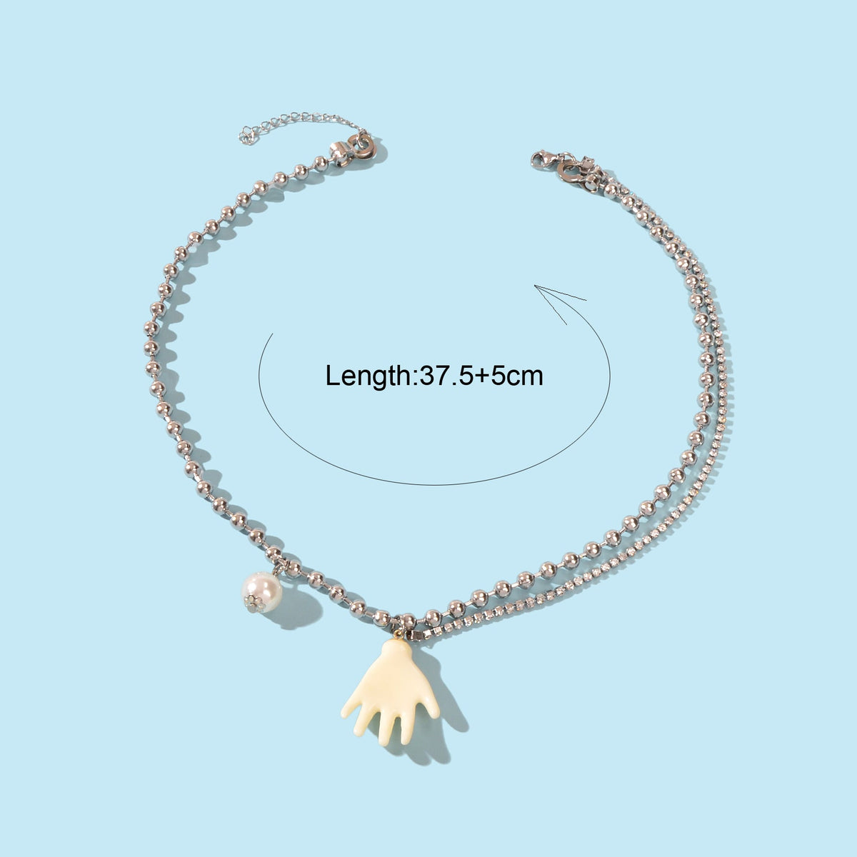Punk Hip Hop Popcorn Rhinestone Double layer Chain Pearl Hand Pendant Necklace-2