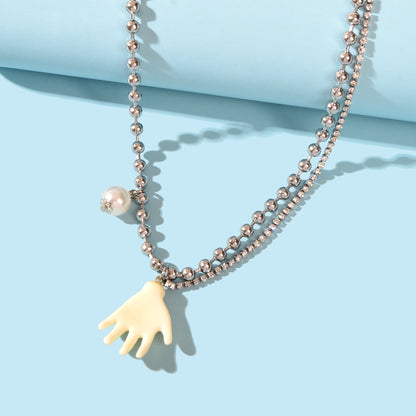 Punk Hip Hop Popcorn Rhinestone Double layer Chain Pearl Hand Pendant Necklace-3