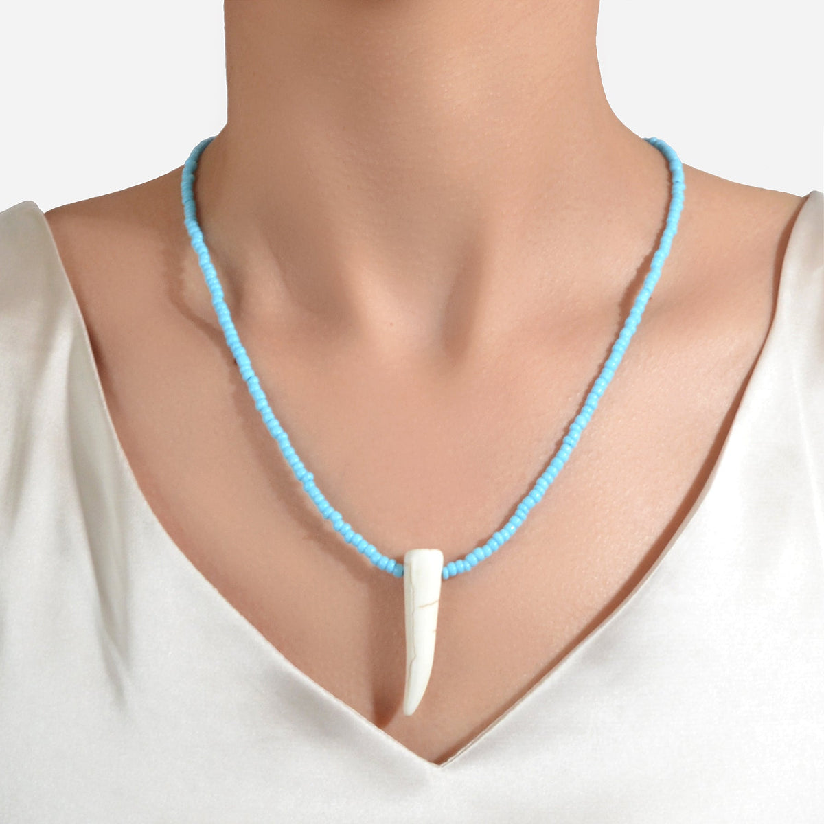 Tribal Ethnic Women Jewelry Blue Seed Bead Imitation Animal Tooth Charm Necklace-0