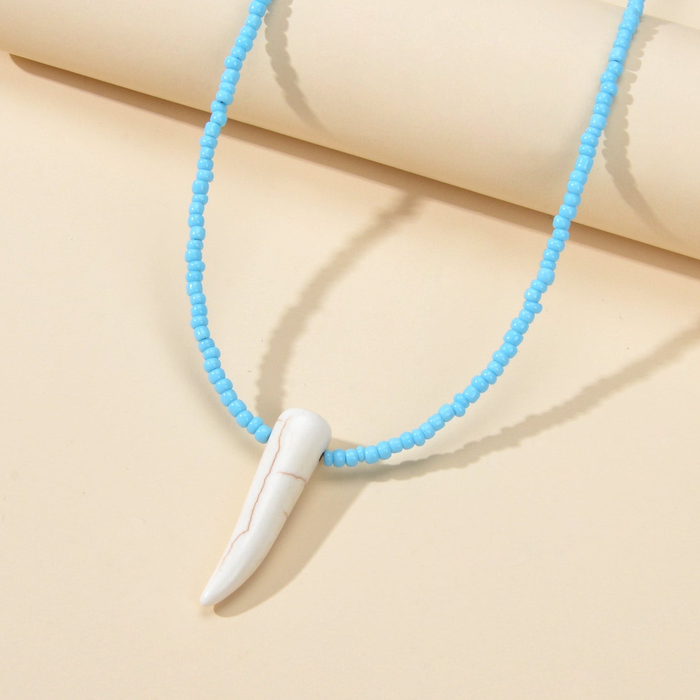 Tribal Ethnic Women Jewelry Blue Seed Bead Imitation Animal Tooth Charm Necklace-1