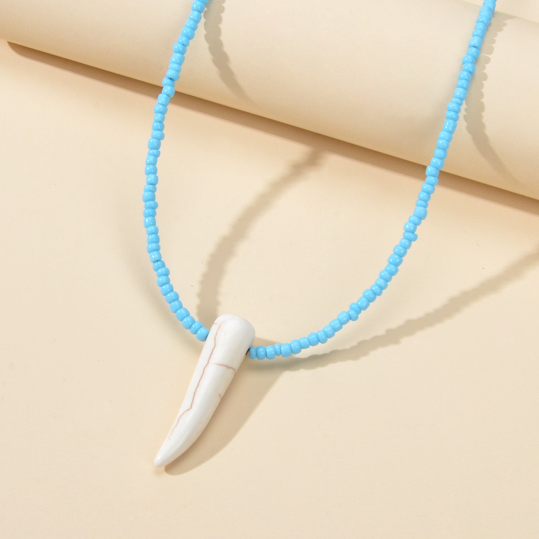 Tribal Ethnic Women Jewelry Blue Seed Bead Imitation Animal Tooth Charm Necklace-1