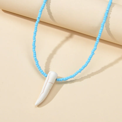 Tribal Ethnic Women Jewelry Blue Seed Bead Imitation Animal Tooth Charm Necklace-1