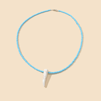 Tribal Ethnic Women Jewelry Blue Seed Bead Imitation Animal Tooth Charm Necklace-2