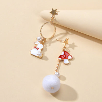 Red White Enamel Easter Rabbit Bunny Mushroom Ball Charm Asymmetric Earrings-2