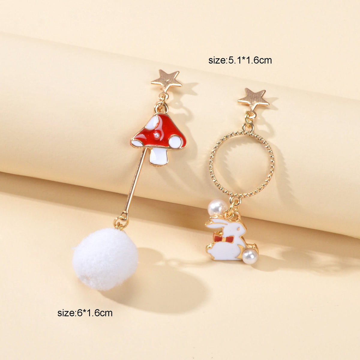 Red White Enamel Easter Rabbit Bunny Mushroom Ball Charm Asymmetric Earrings-3