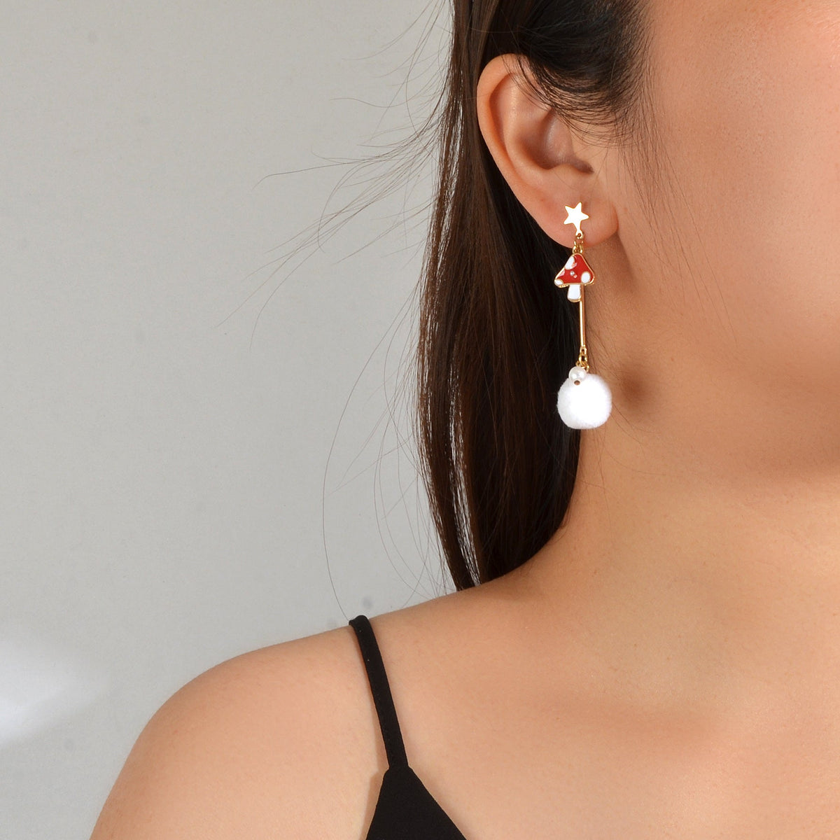 Red White Enamel Easter Rabbit Bunny Mushroom Ball Charm Asymmetric Earrings-4