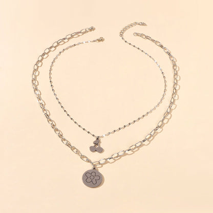 2 pcs Good Quality Jewellery Silver Stainless Steel Cherry Flower Round Necklace-2
