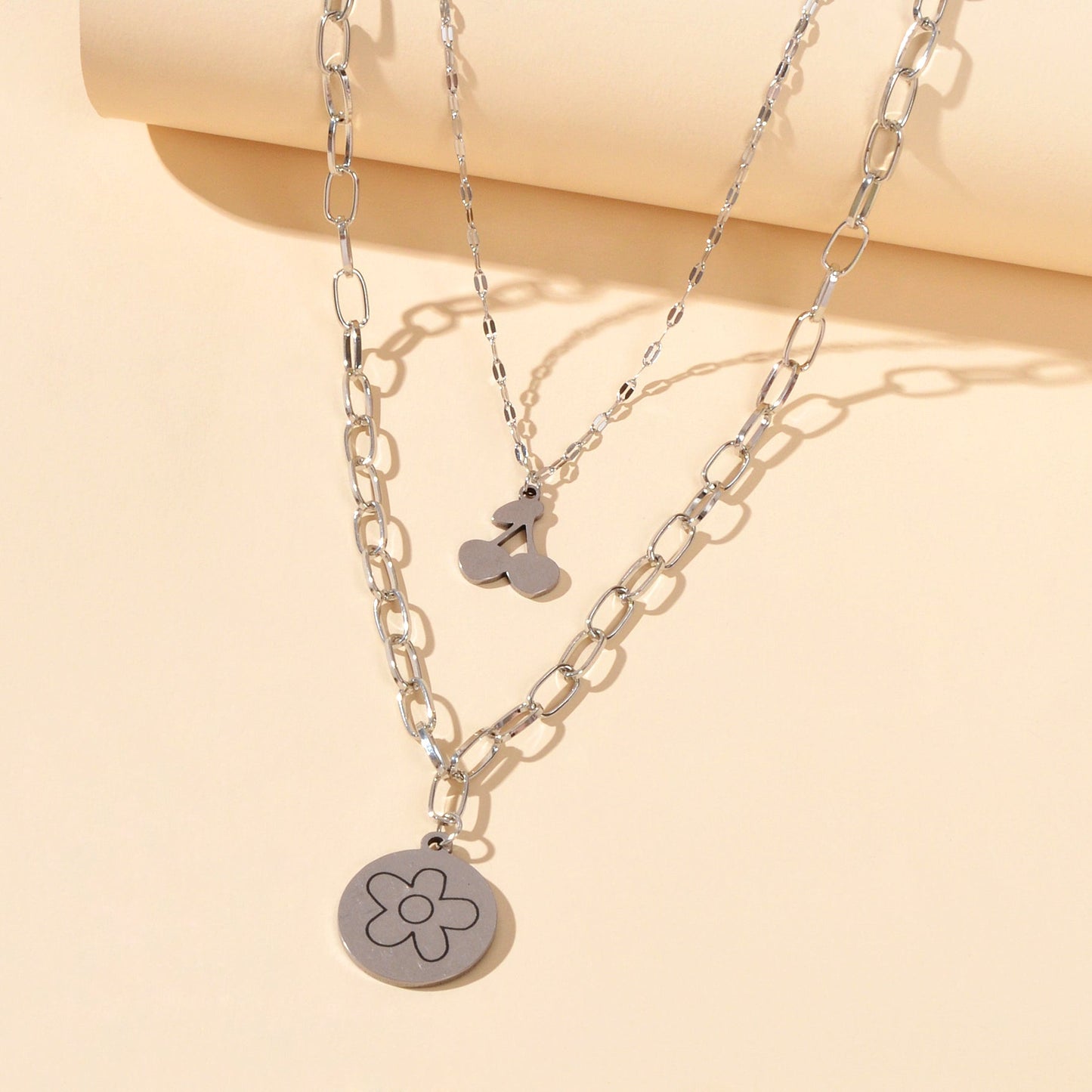 2 pcs Good Quality Jewellery Silver Stainless Steel Cherry Flower Round Necklace-3