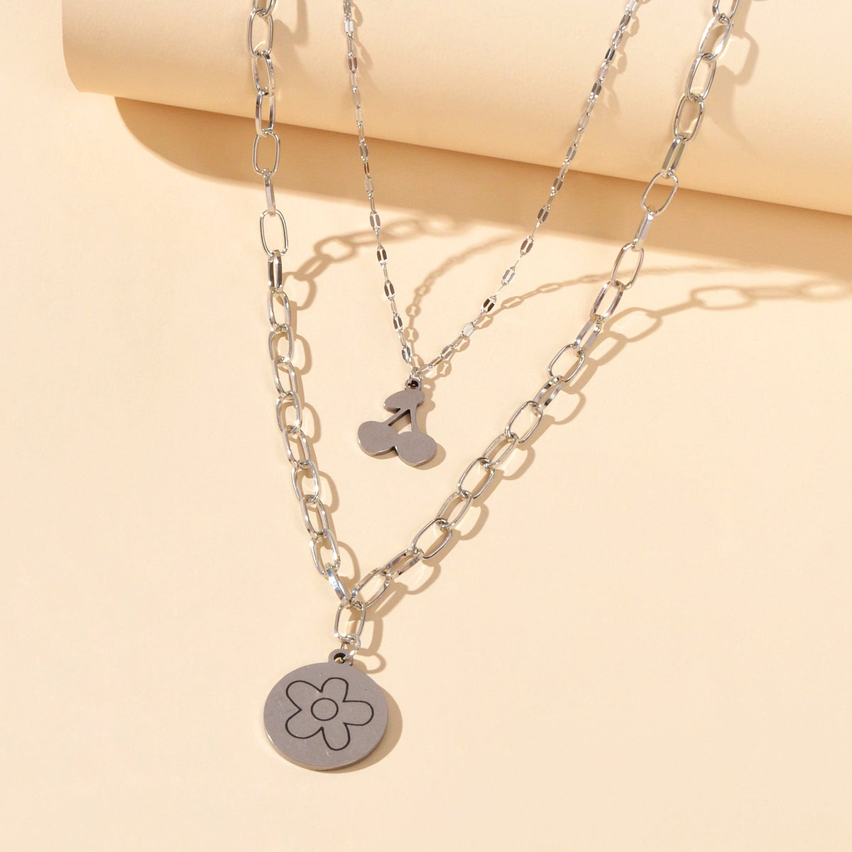 2 pcs Good Quality Jewellery Silver Stainless Steel Cherry Flower Round Necklace-3
