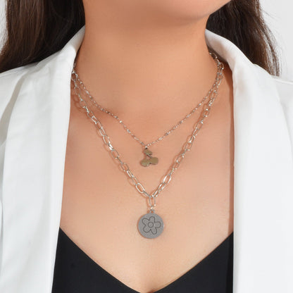 2 pcs Good Quality Jewellery Silver Stainless Steel Cherry Flower Round Necklace-0