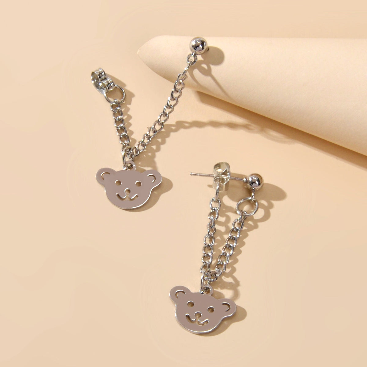 Cartoon Jewellery Cool  Silver Chain Happy Bear Dangle Earrings Ear Jacket-2