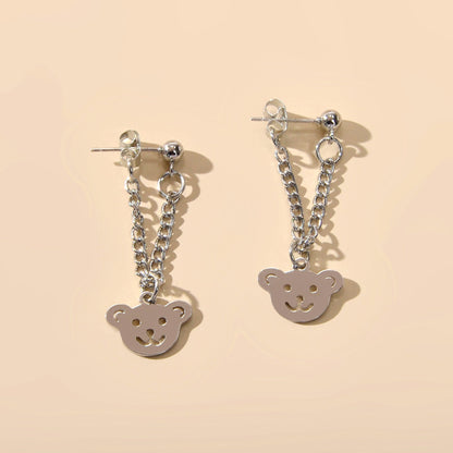Cartoon Jewellery Cool  Silver Chain Happy Bear Dangle Earrings Ear Jacket-3