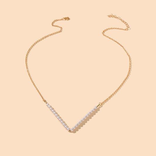 Ladies Jewellery Gold Chain Pearl Beads V shape Geometric Retro Pendant Necklace-1