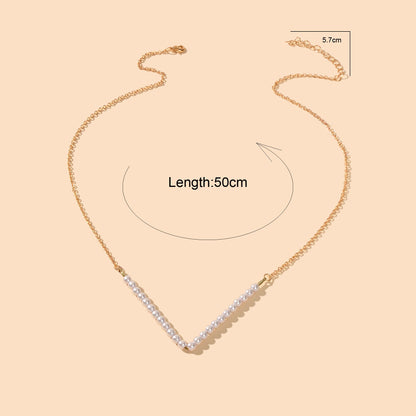 Ladies Jewellery Gold Chain Pearl Beads V shape Geometric Retro Pendant Necklace-2