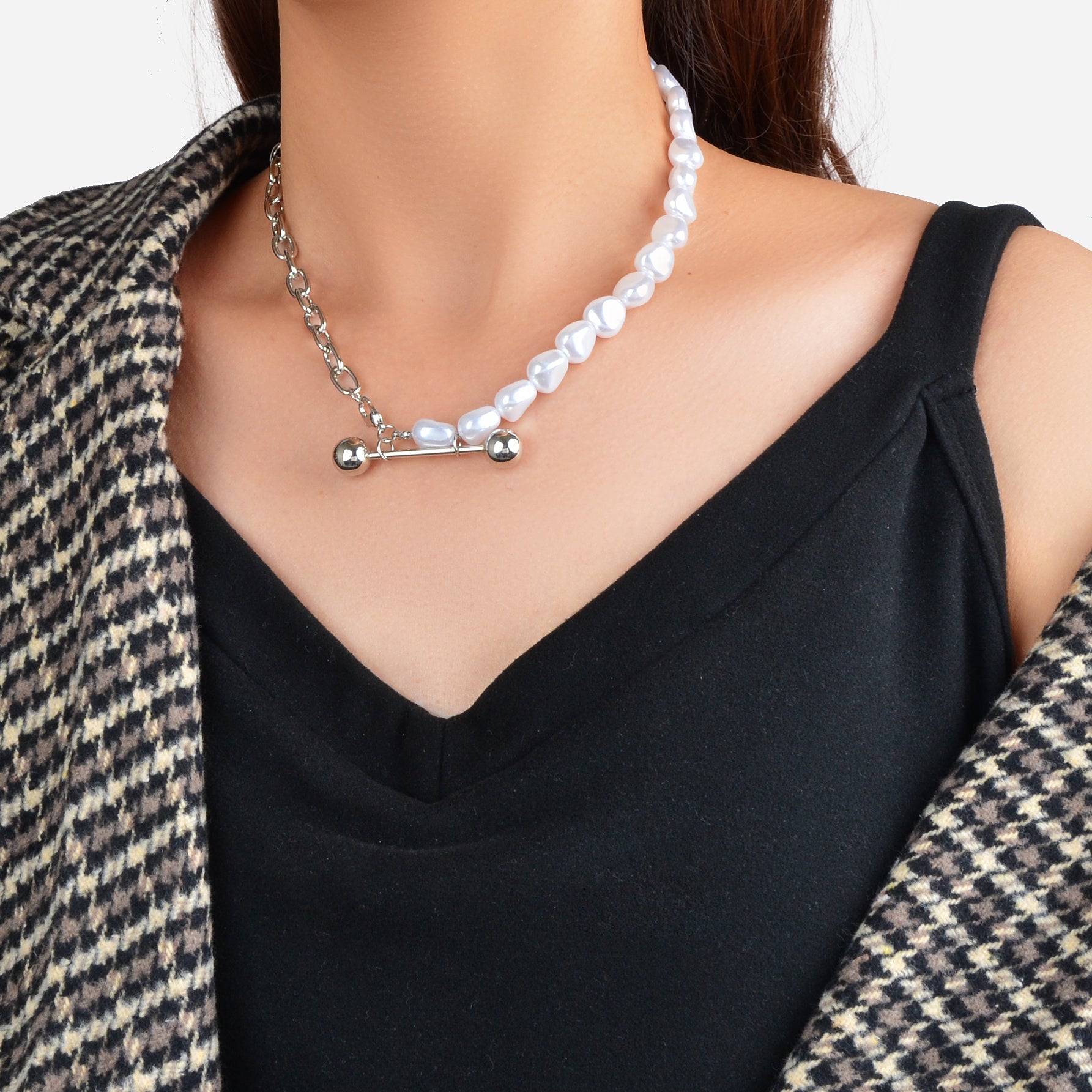 Punk Silver Irregular Faux Pearl Beads Paperclip Multiple Link Chain Necklace-0