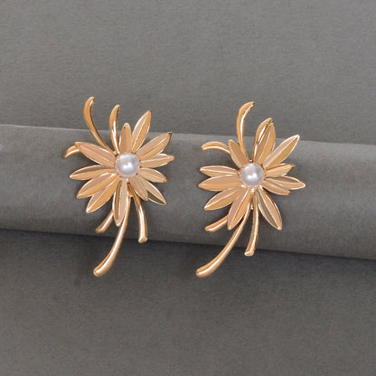 Bijoux Jewellery Pearl Decoration Gold Flower Stud Exaggerated Pierced Earrings-1