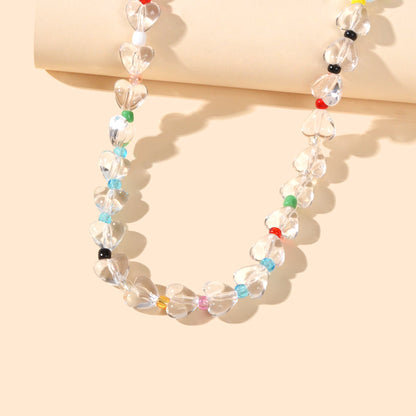 Women Birthday Gift Handmade Heart Resin Transparent Beads Short Collar Necklace-3