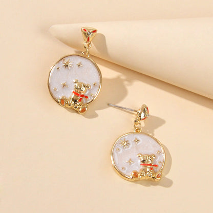 Funny Gifts Best Friends Cartoon Enamel Little Bear Round Charm Dangle Earrings-0