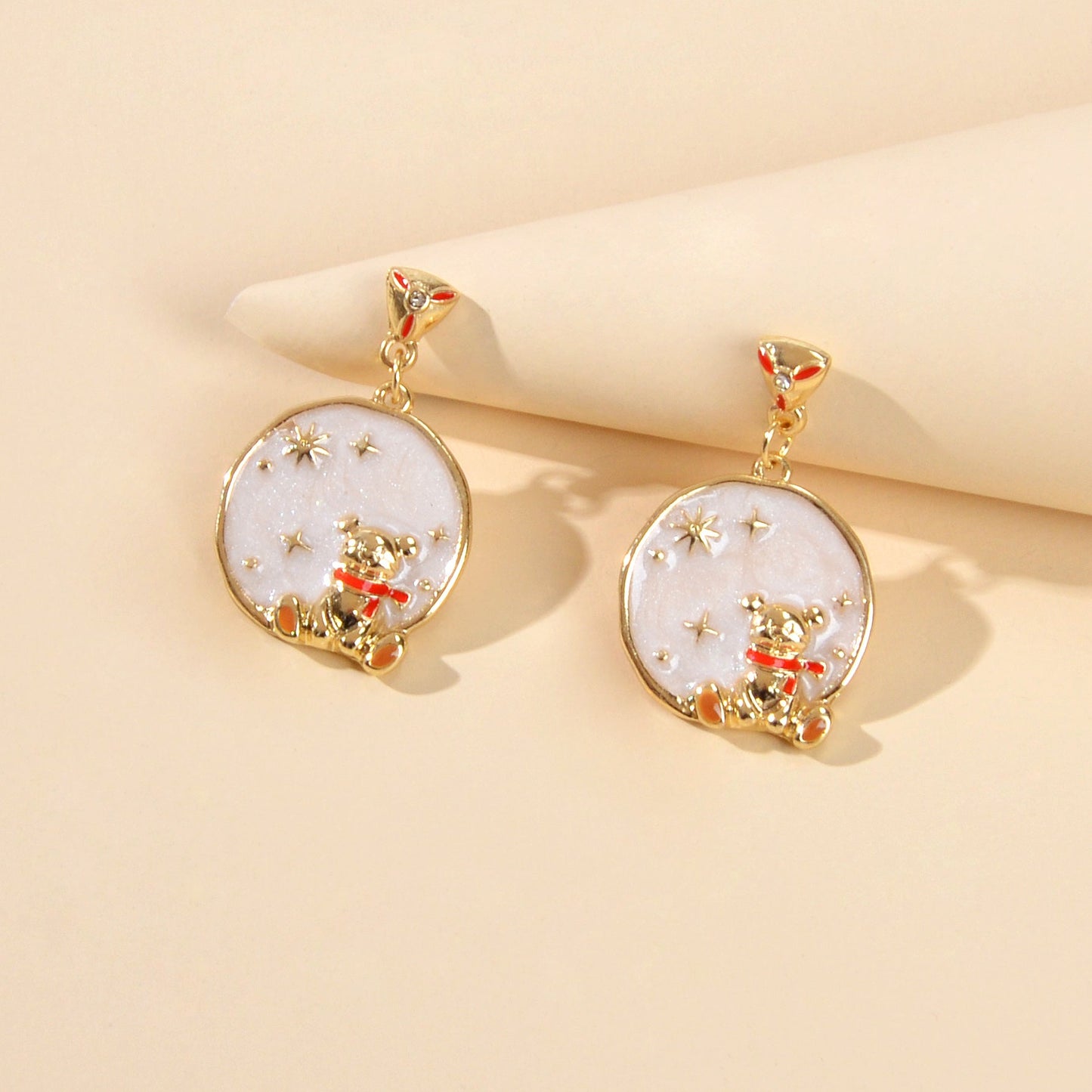 Funny Gifts Best Friends Cartoon Enamel Little Bear Round Charm Dangle Earrings-1